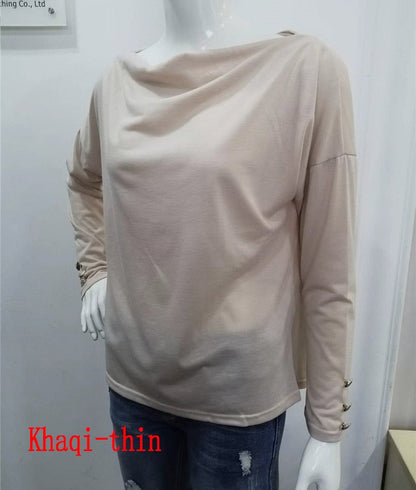 Damen Langarmshirt beige, lässig, Baumwolle, Rundhalsausschnitt, Knopfdetails, modisch.