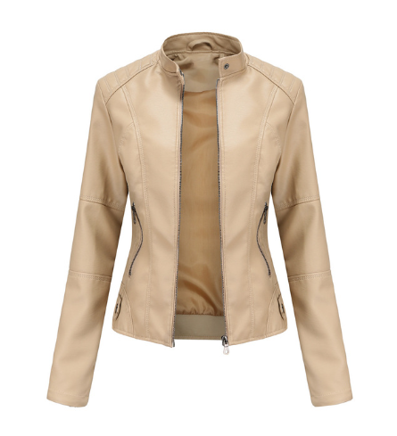 Beige Damen-Lederjacke mit Reißverschluss, modisch, elegant, Herbstmode, stilvoll.