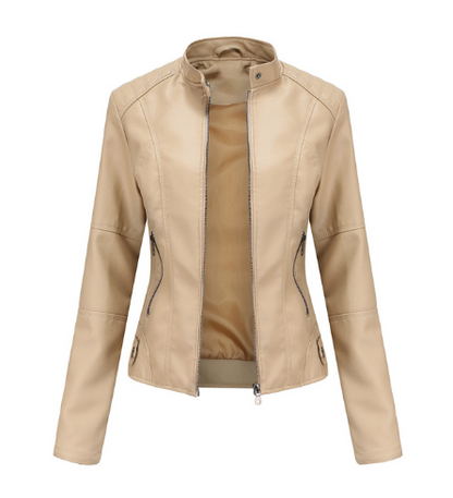 Beige Damen-Lederjacke mit Reißverschluss, modisch, elegant, Herbstmode, stilvoll.