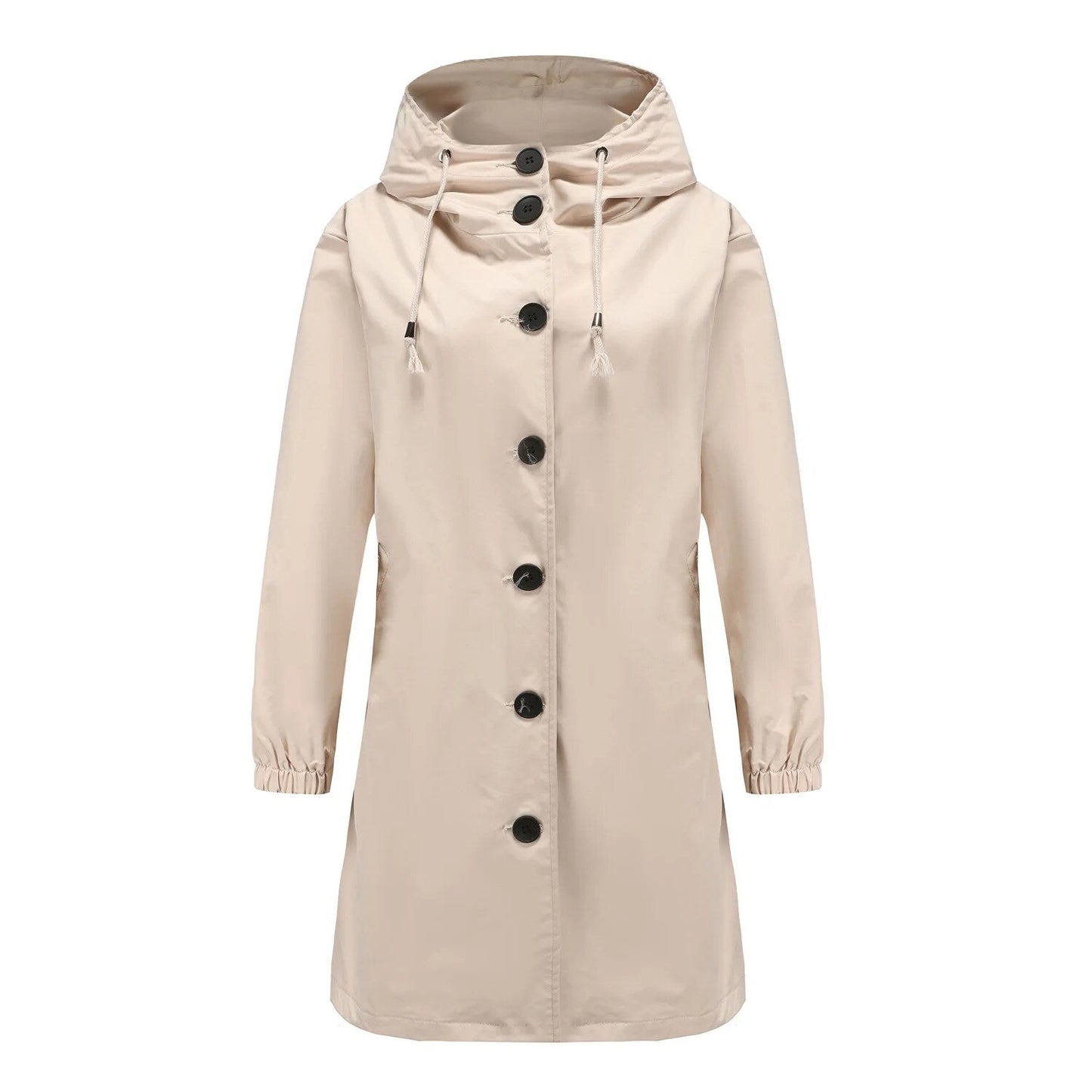 Beige Damenmantel mit Kapuze, Knöpfen und Kordelzug, ideal für Herbstmode und Outdoor-Aktivitäten.