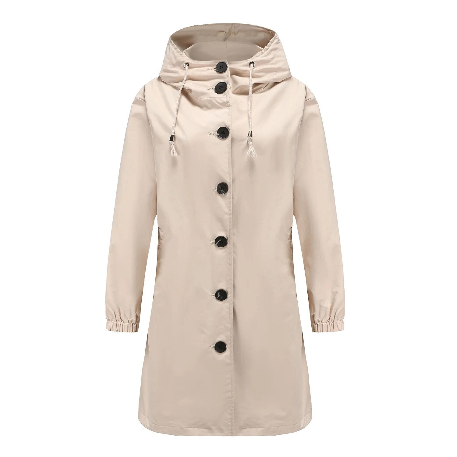 Beige Damenmantel mit Kapuze, Knöpfen und Kordelzug, ideal für Herbstmode und Outdoor-Aktivitäten.