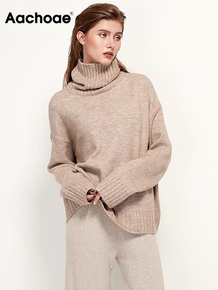 Damen Rollkragenpullover beige, Strick, langärmelig, Aachoe, Herbstmode, gemütlich, elegant.