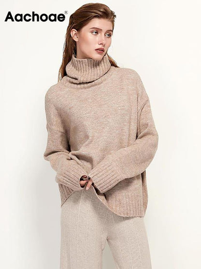 Damen Rollkragenpullover beige, Strick, langärmelig, Aachoe, Herbstmode, gemütlich, elegant.