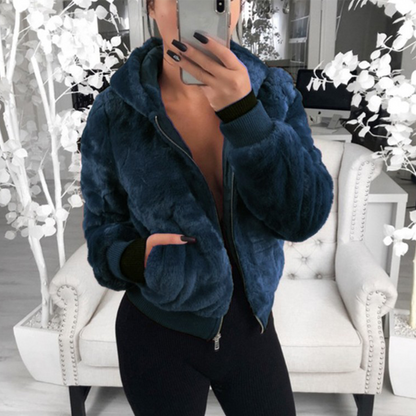 Damen blaue Kunstpelzjacke, Reißverschluss, Kapuze, modisch, warm, Winterbekleidung.