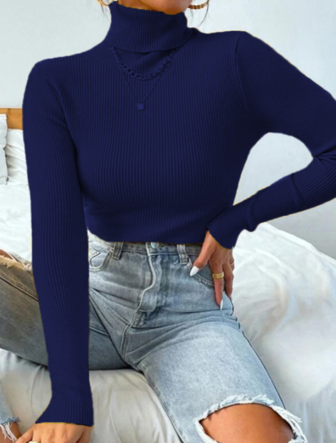 Damen Rollkragenpullover, dunkelblau, gerippt, langärmelig, modisch, bequem, Herbstmode.