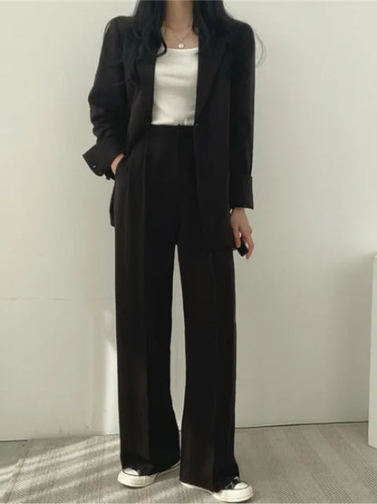 Damen Blazer Anzug Set, schwarz, Büro Mode, weite Hose, Herbst, lässig, elegant, Knopfjacke.