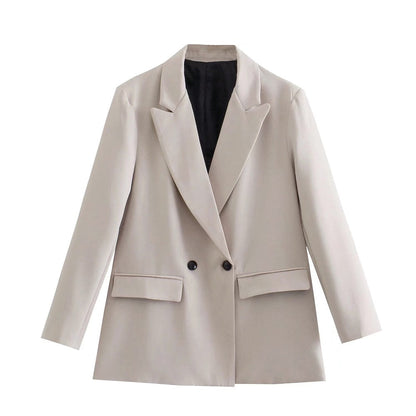 Beiger Damenblazer, zweireihig, elegantes Design, Büro-Mode, hochwertiger Stoff.