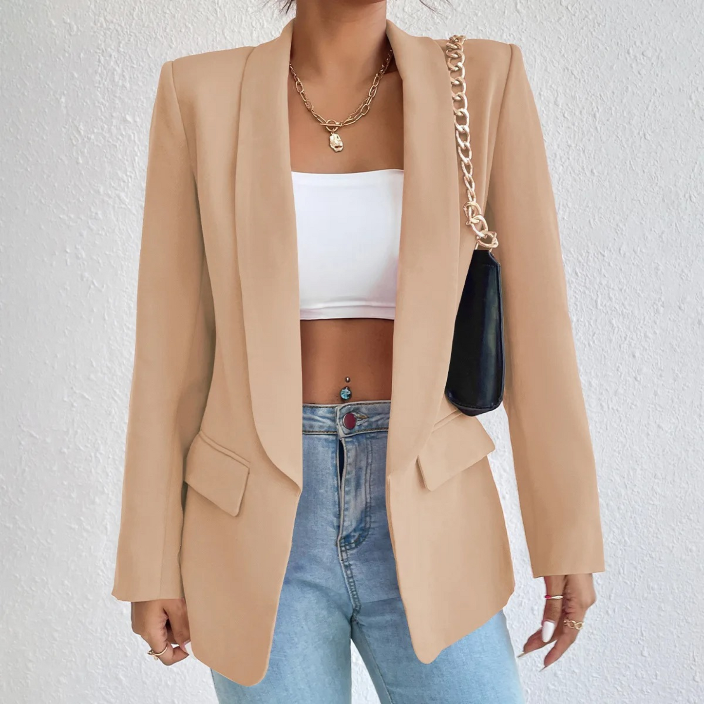 Damen Blazer Beige Polyester Baumwolle Langarm Büro Mode Elegant