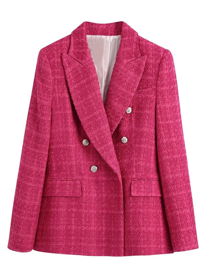 Damenblazer pink, doppelte Knopfleiste, elegantes Design, Businessmode, strukturierter Stoff.