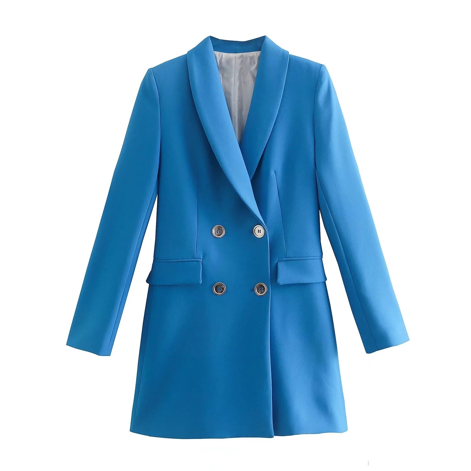 Blauer Damenblazer, zweireihig, elegantes Design, modische Damenbekleidung, Büro-Outfit.