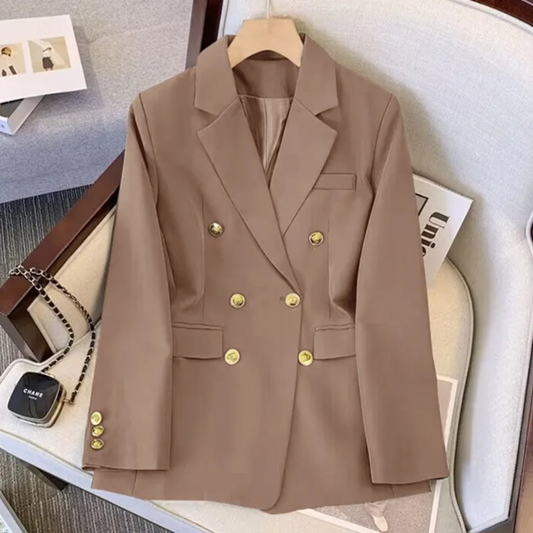 Brauner Damenblazer mit goldenen Knöpfen, modisch, langärmelig, elegantes Design.