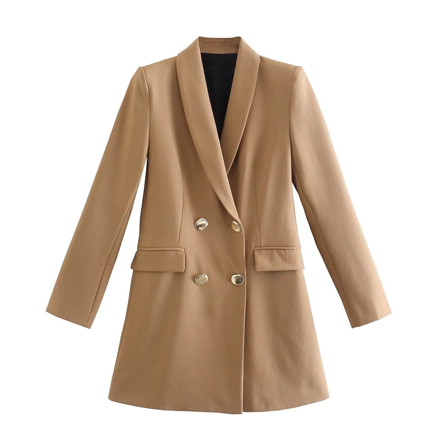 Damen Blazer Mantel beige, zweireihig, elegantes Design, modische Damenbekleidung, Herbstmode