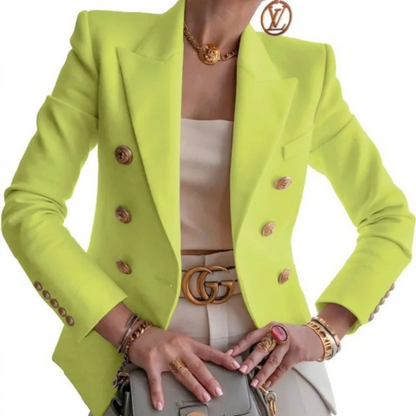 Damenblazer, doppelte Knopfreihe, leuchtend gelb, Vintage-Stil, modisch, elegant.