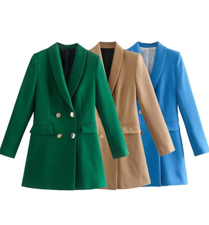 Damenblazer in Grün, Beige und Blau, zweireihig, elegant, modisch, Business-Look.