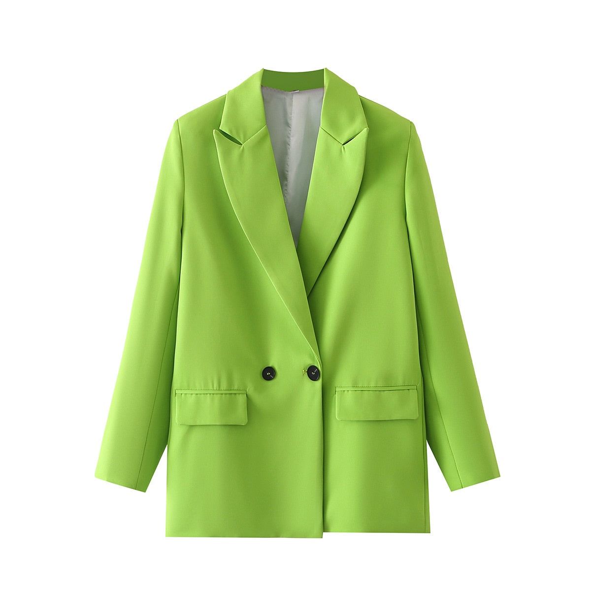 Grüner Damenblazer, zweireihig, modisch, elegant, aus Polyester, für Büro und Freizeit.