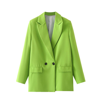 Grüner Damenblazer, zweireihig, modisch, elegant, aus Polyester, für Büro und Freizeit.