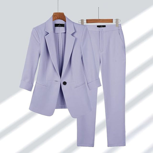 Damenanzug Set, lila Blazer und Hose, elegant, Frühling-Sommer, koreanischer Stil.