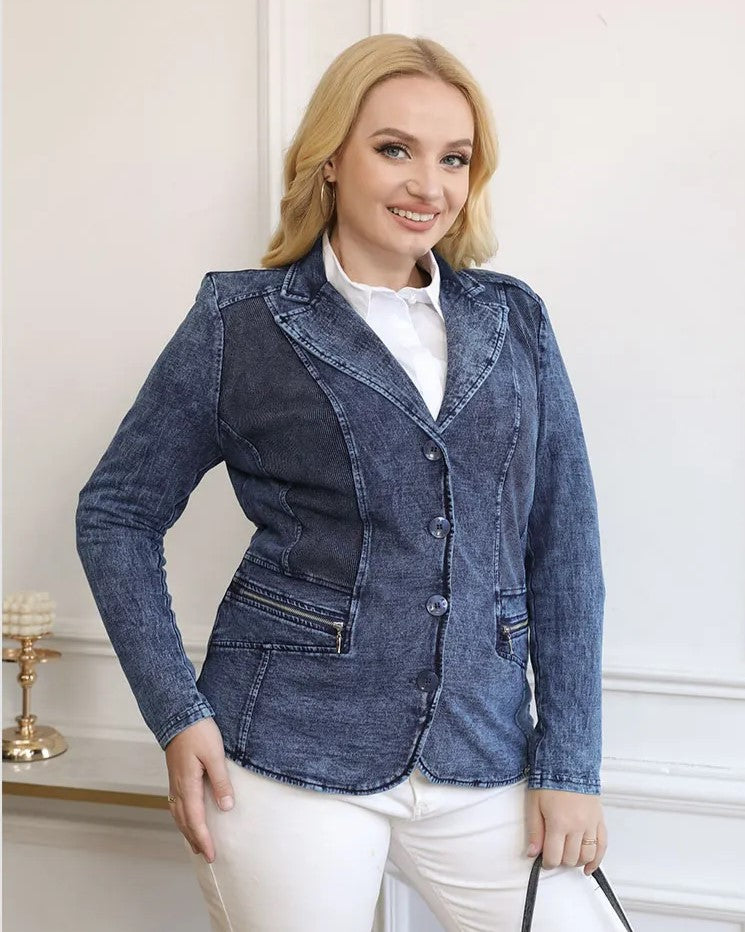 Damen Jeansblazer blau, tailliert, Knopfleiste, eleganter Freizeitlook, Baumwolle, modisch