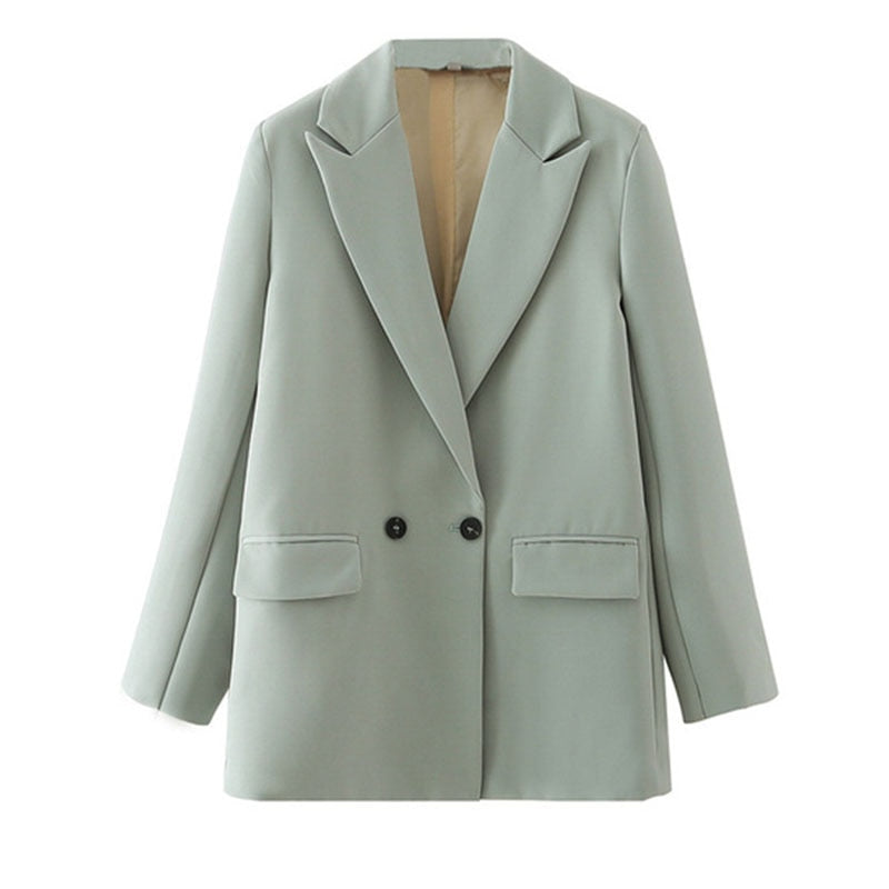 Hellgrüner Damenblazer, zweireihig, elegantes Design, Büro-Mode, Herbstkollektion.