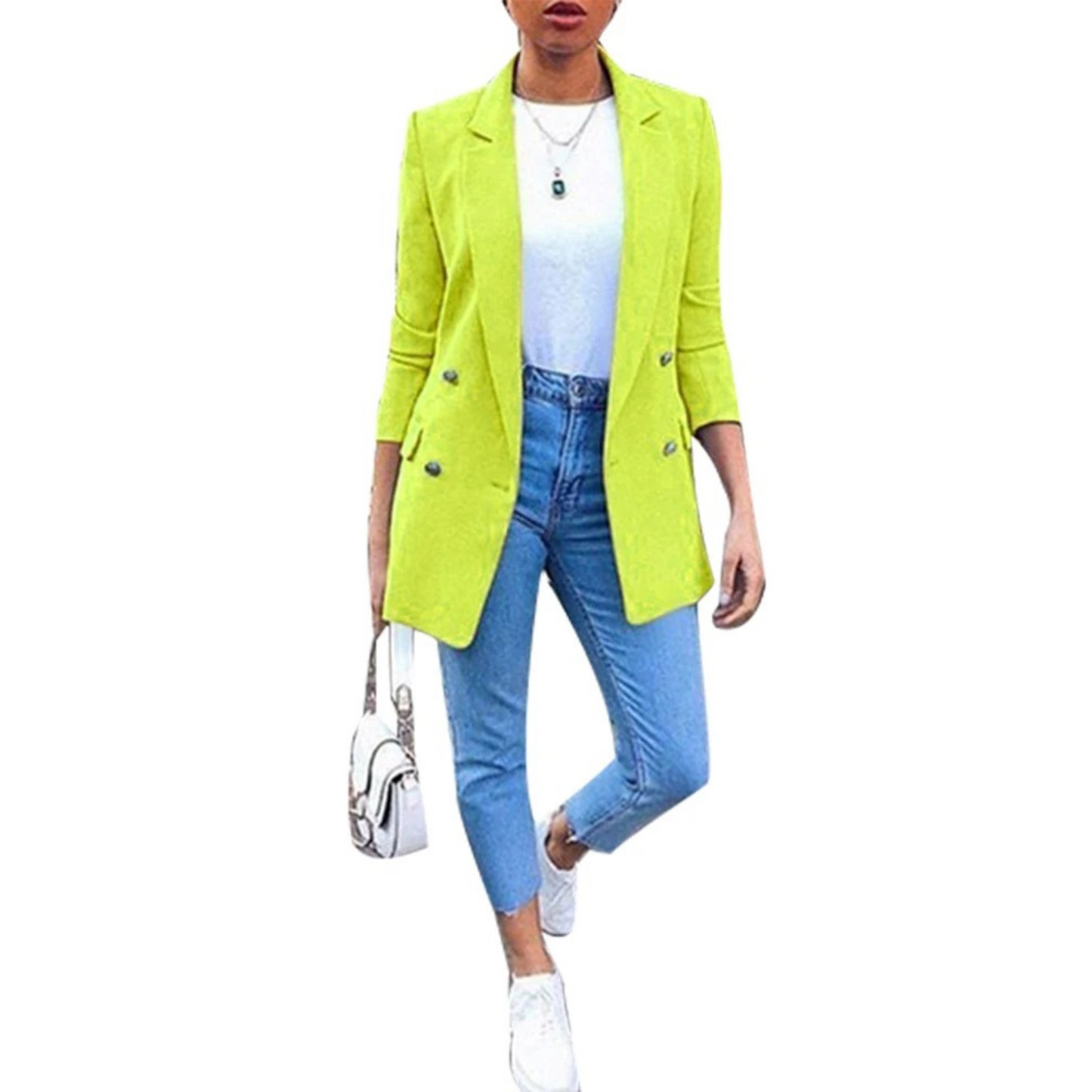 Damenblazer gelb, mittellang, elegant, Freizeit, modisch, Frühling, Sommer, Büro, Polyester.