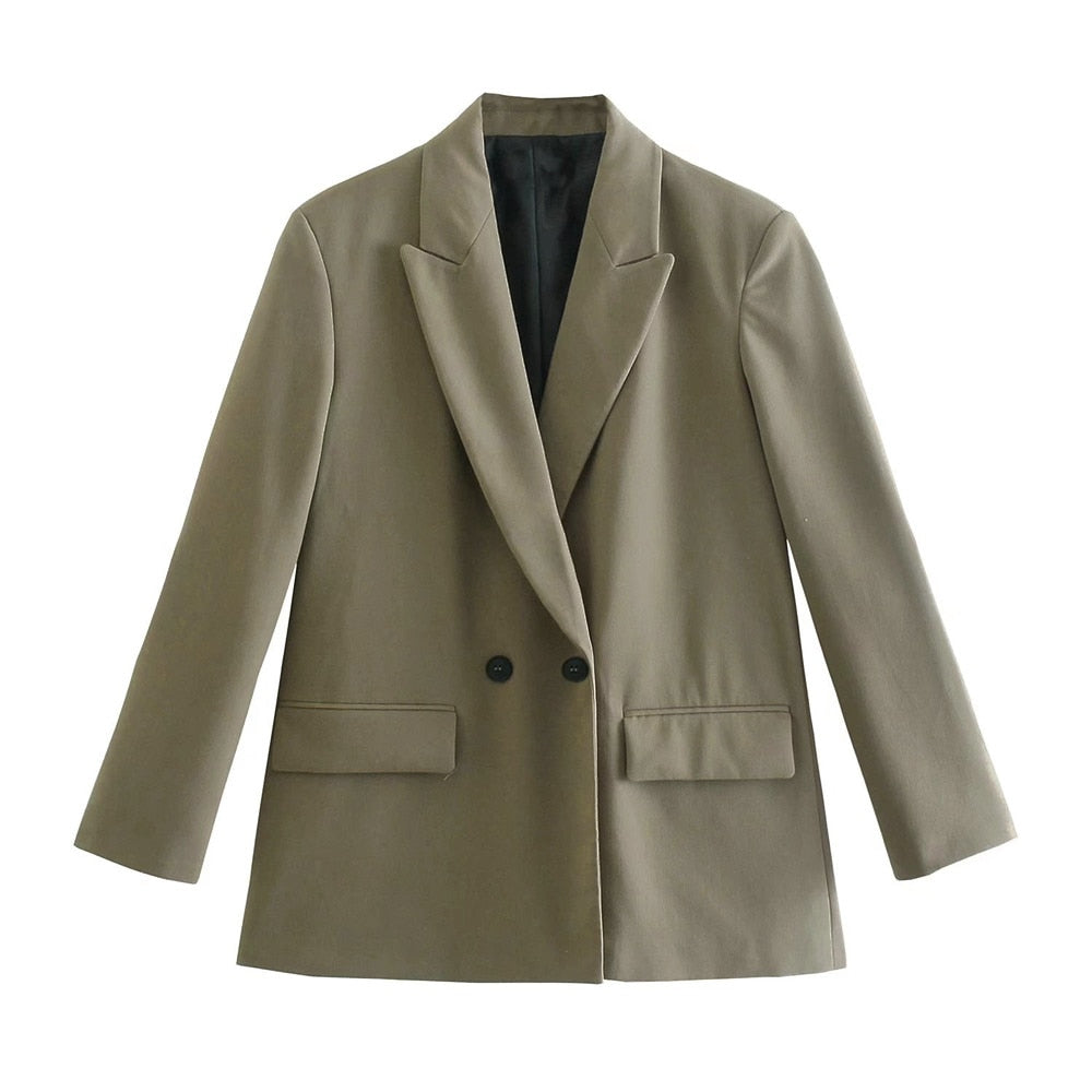 Damen Blazer beige, zweireihig, elegant, Büro, Mode, klassisch, Herbst, Winter, stilvoll.