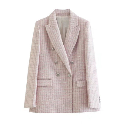 Damen Blazer rosa kariert, zweireihig, eleganter Stil, modische Damenbekleidung.