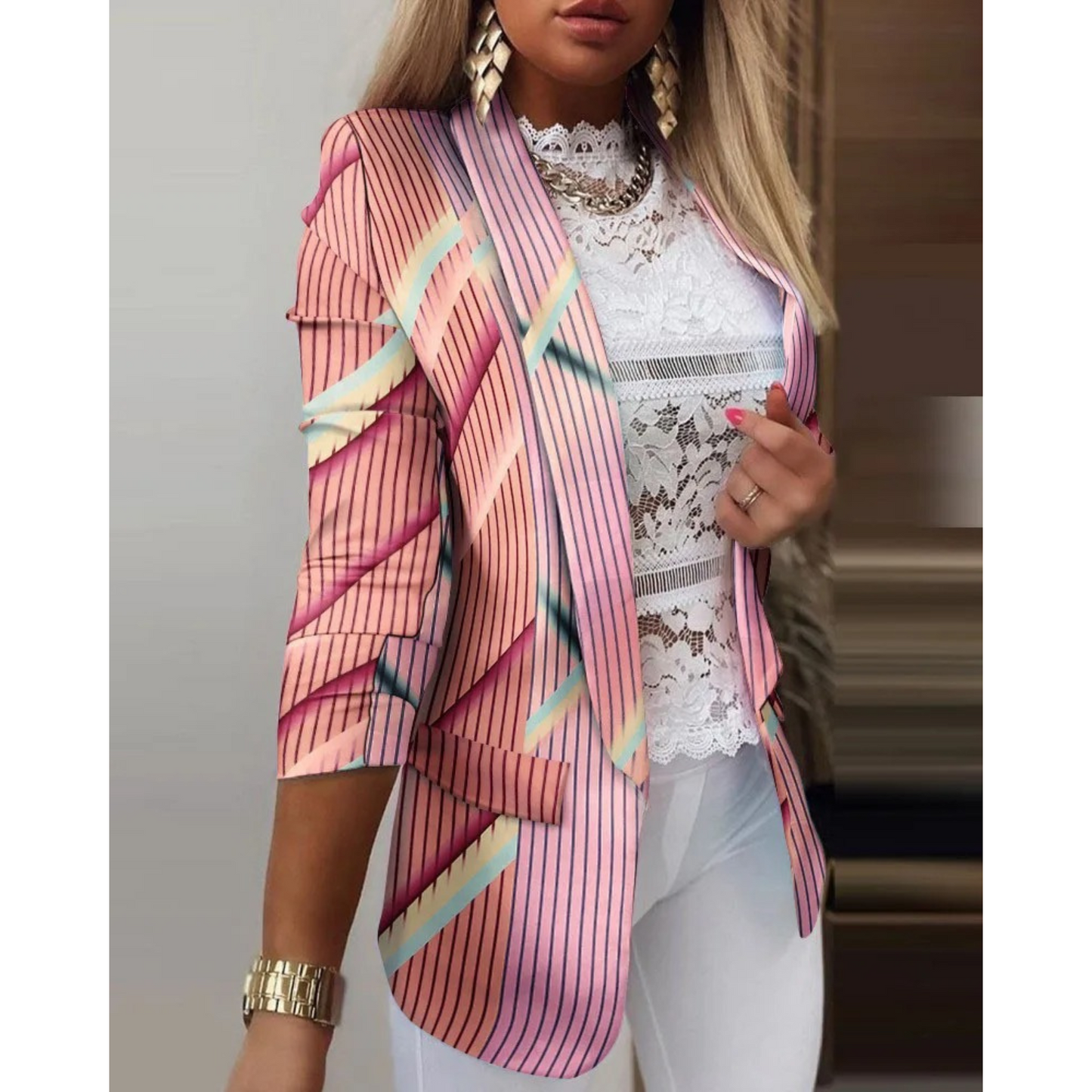 Damenblazer mit Schmetterlingsprint, rosa, gestreift, modisch, elegantes Design, 3/4-Ärmel.