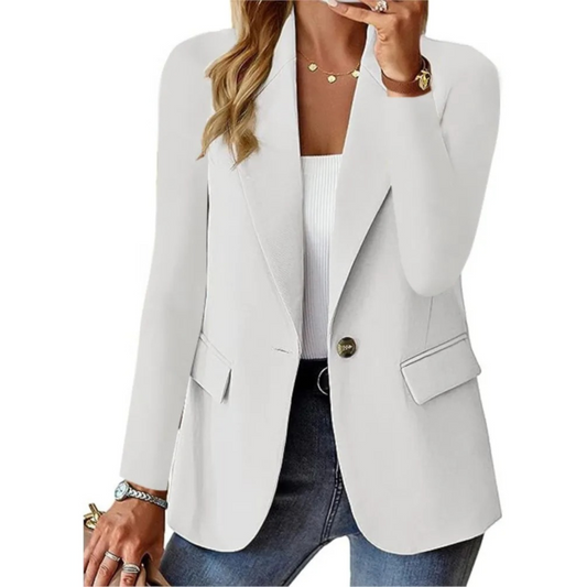 Damenblazer weiß, langärmelig, mit Taschen und Knopf, eleganter Business-Look.