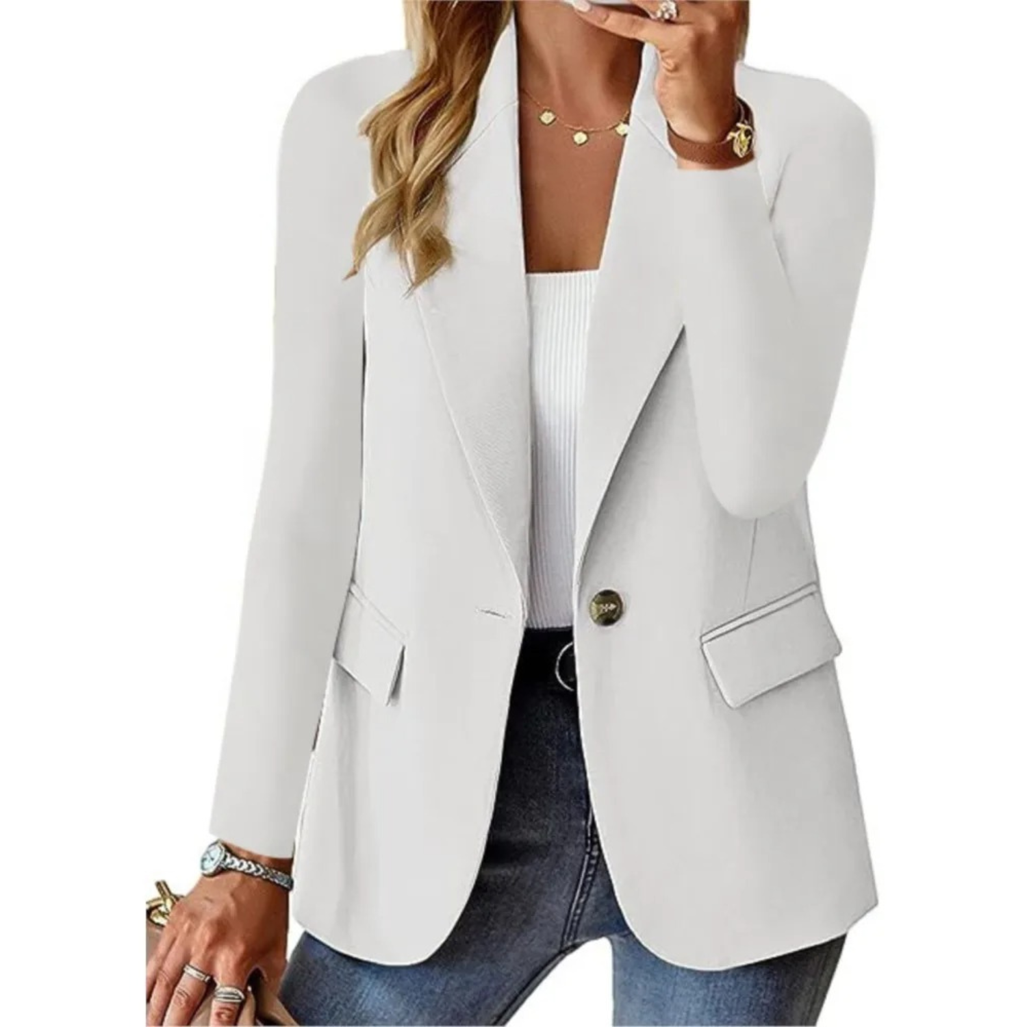Damenblazer weiß, elegant, langärmelig, für Büro und Freizeit, modisch, klassisch.