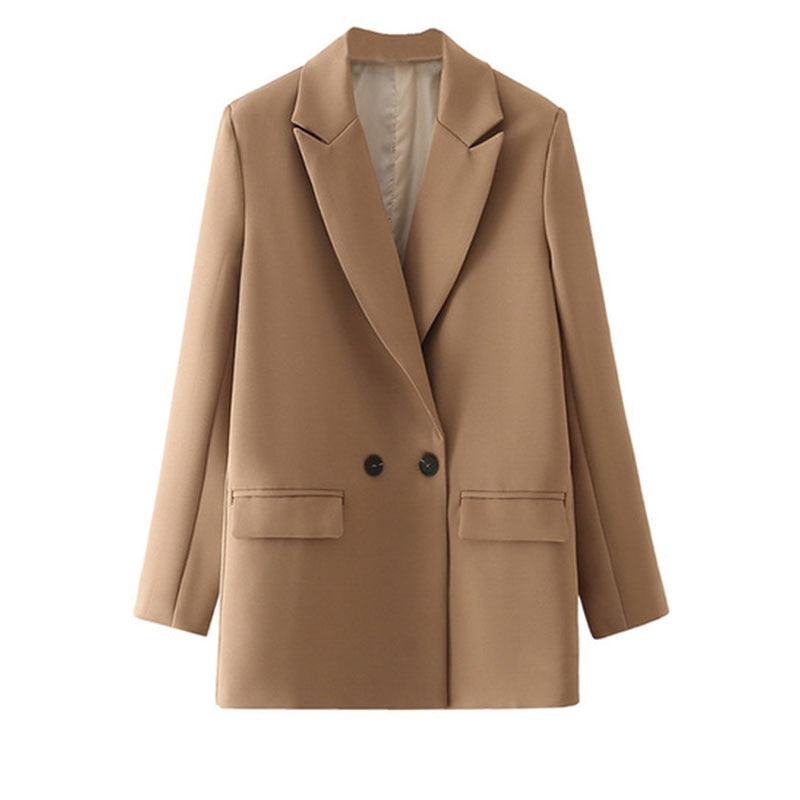 Damen Blazer beige, zweireihig, elegant, Büro, Mode, Herbst, klassisch, stilvoll, Anzugjacke.