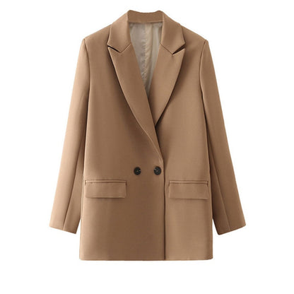 Damen Blazer beige, zweireihig, elegant, Büro, Mode, Herbst, klassisch, stilvoll, Anzugjacke.