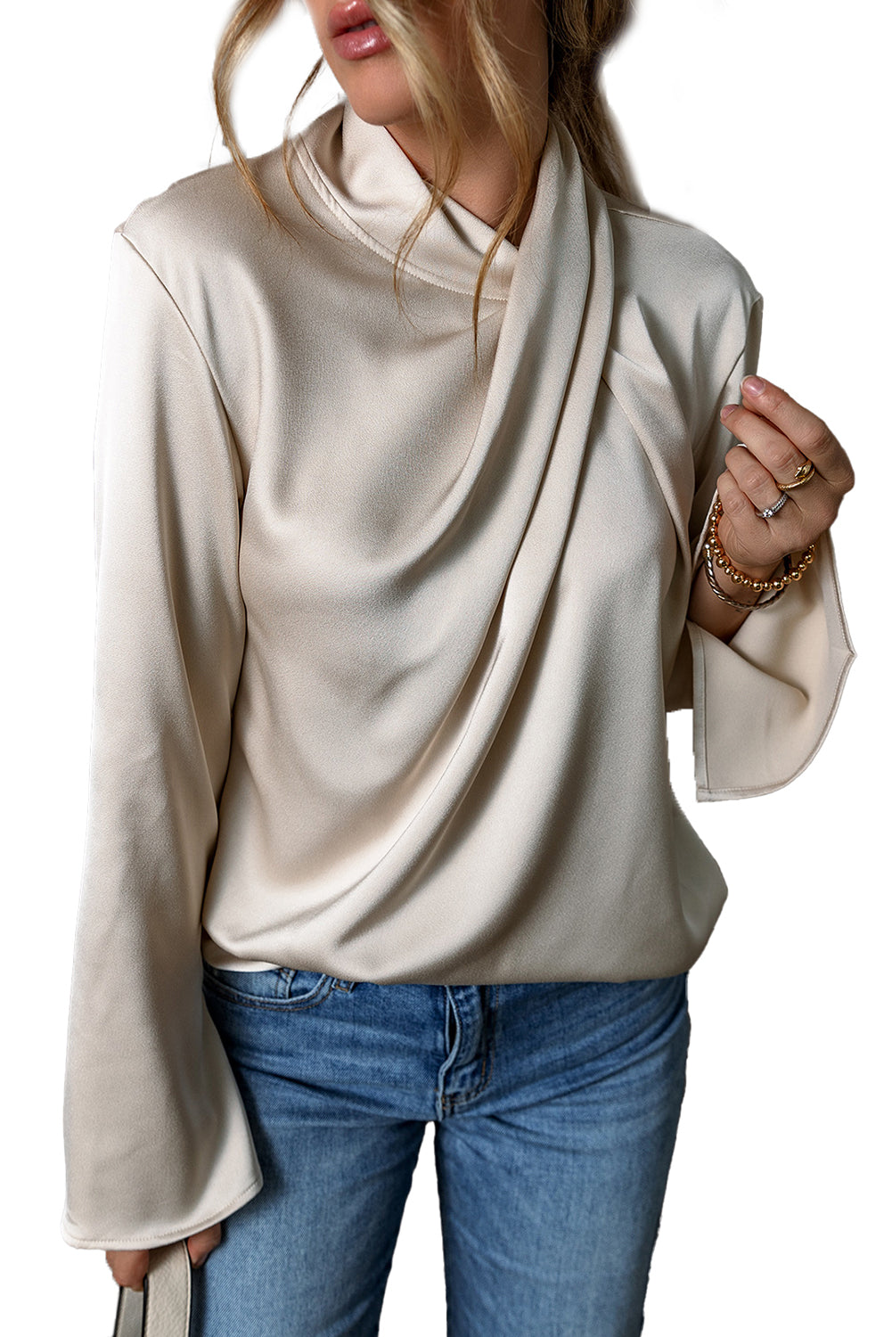 Damenbluse beige, fließender Stoff, elegantes Design, Langarm, modisch, Freizeitkleidung.