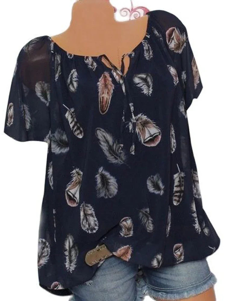 Damenbluse mit Federprint, dunkelblau, kurzärmelig, lässig, Sommermode, Baumwolle.