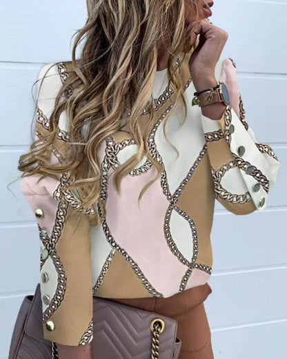 Damenbluse mit Kettenmuster, beige-rosa, Langarm, modisch, elegant, für Herbstmode.