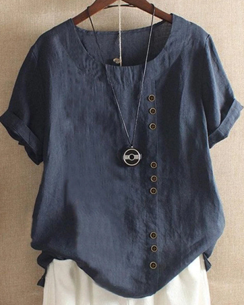 Dunkelblaues Leinenhemd mit Knopfleiste, Kurzarm, lässig, Damenmode, Sommerbekleidung.