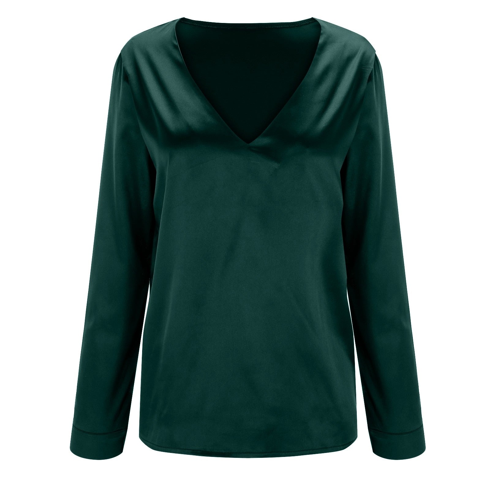 Dunkelgrüne Damenbluse, V-Ausschnitt, Langarm, Satin, elegant, modisch, Freizeitkleidung.