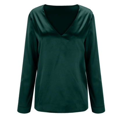 Dunkelgrüne Damenbluse, V-Ausschnitt, Langarm, Satin, elegant, modisch, Freizeitkleidung.