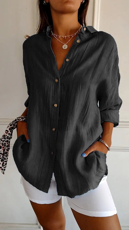 Damen Bluse Schwarz, Leinen, Langarm, Knopfleiste, Freizeitmode, Sommeroutfit, Elegant