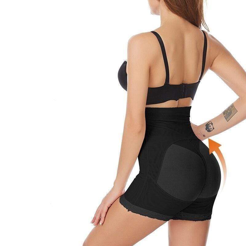 Frau trägt schwarzen Body Shaper, nahtlos, figurformend, hoher Bund, Shapewear für Damen.