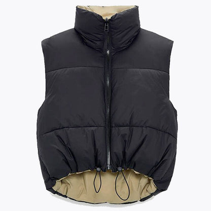 Damen Bodywarmer, schwarz, wattiert, Reißverschluss, Kordelzug, zweifarbig, Cara Camilla.