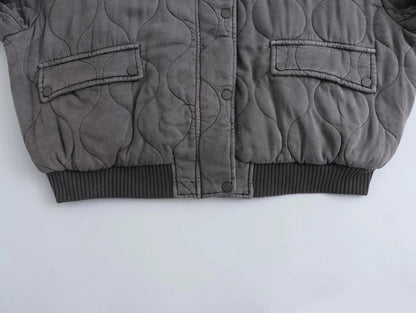 Graue Damen-Bomberjacke, gesteppt, langärmelig, lässig, modisch, 2023.