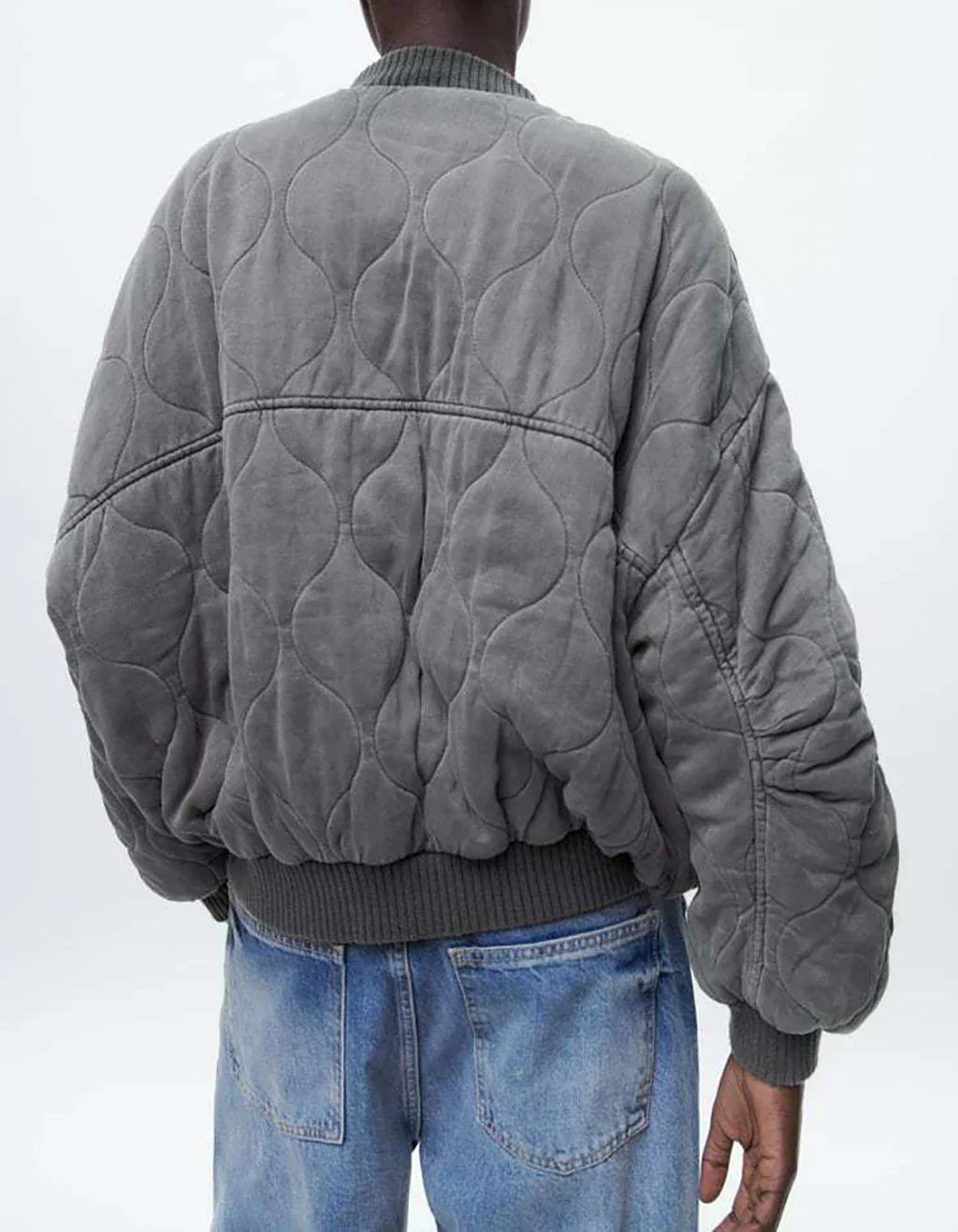 Graue Bomberjacke Damen, langärmelig, gesteppt, lässig, modisch, 2023.
