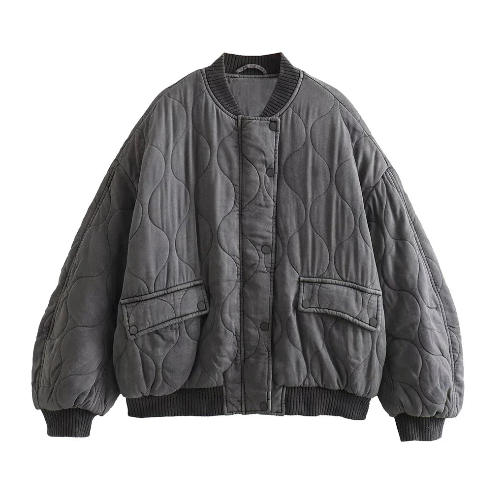 Graue Damen-Bomberjacke, langärmelig, gesteppt, lässig, 2023, modisch, Club-Party-Outfit.