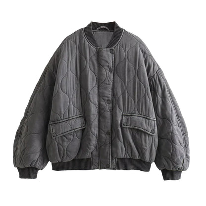 Graue Damen-Bomberjacke, langärmelig, gesteppt, lässig, 2023, modisch, Club-Party-Outfit.