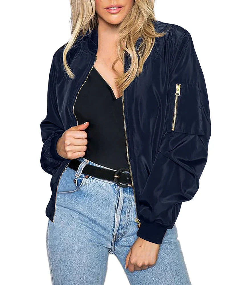 Damen Bomberjacke schwarz, Reißverschluss, lässig, modisch, Herbstmode, Streetwear.
