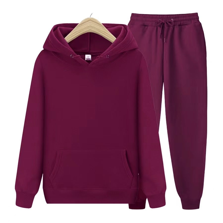 Bordeauxfarbener Kapuzenpullover und Jogginghose Set, Unisex, Baumwolle, bequem, Freizeitkleidung.