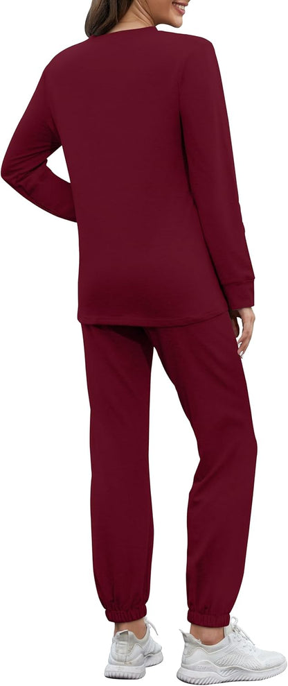 Damen Jogginganzug, bordeauxrot, langärmelig, bequem, Freizeitkleidung, Baumwolle.