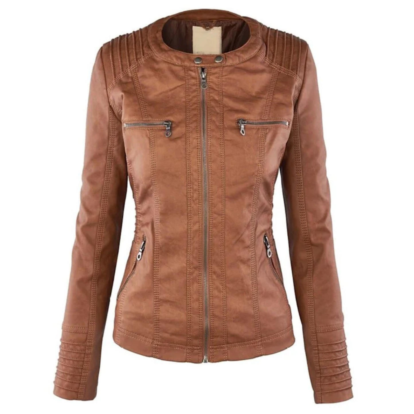 Damen Lederjacke braun, Reißverschluss, modisch, Biker-Stil, Herbstmode, elegant.