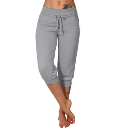 Graue Damen Capri-Yoga-Hose mit Kordelzug, Taschen, bequem, Freizeit, Sportbekleidung.
