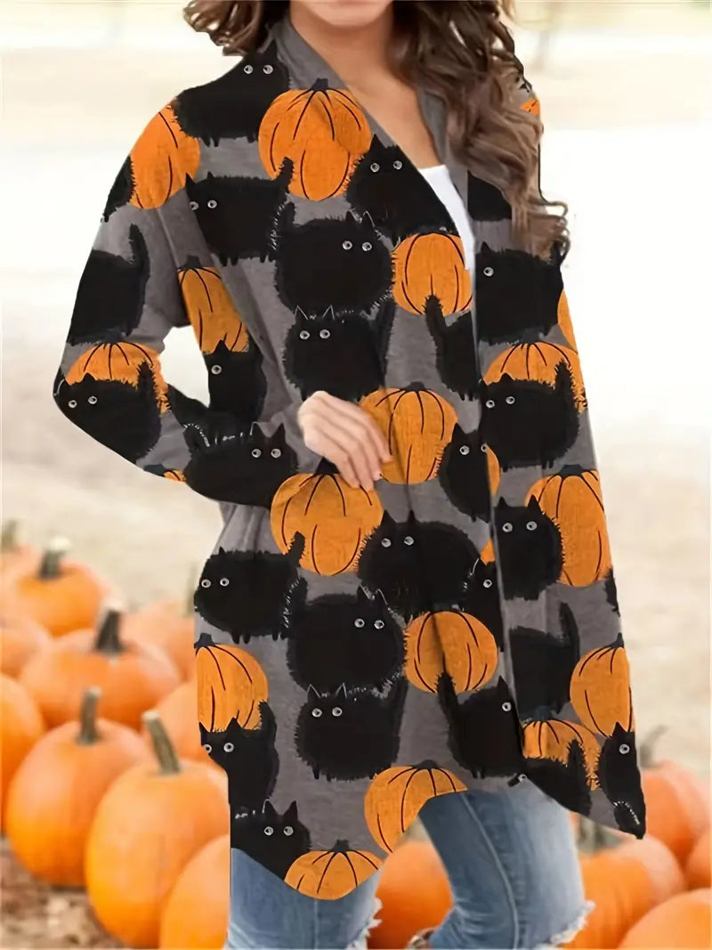 Damen-Cardigan mit Kürbis- und Katzenmuster, Halloween-Design, grau-orange, lässig, Herbstmode.